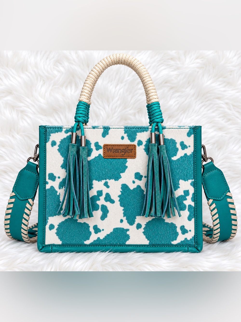 Wrangler Teal Cow Print Western Tote Bag Tassel Crossbody NWT